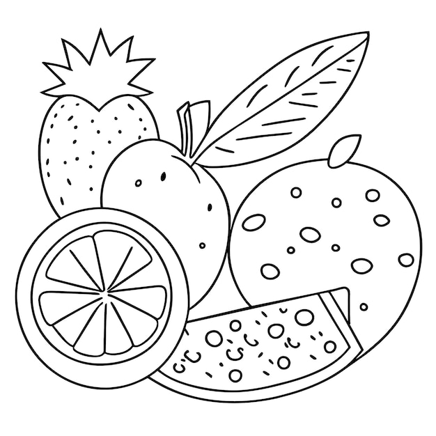 Premium vector various fruits collection for summer and coloring book page for kdp