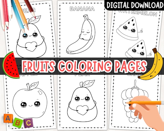 Printable fun fruits coloring pages for kids summer coloring sheets fruits activity sheets download coloring page digital download pdf download now