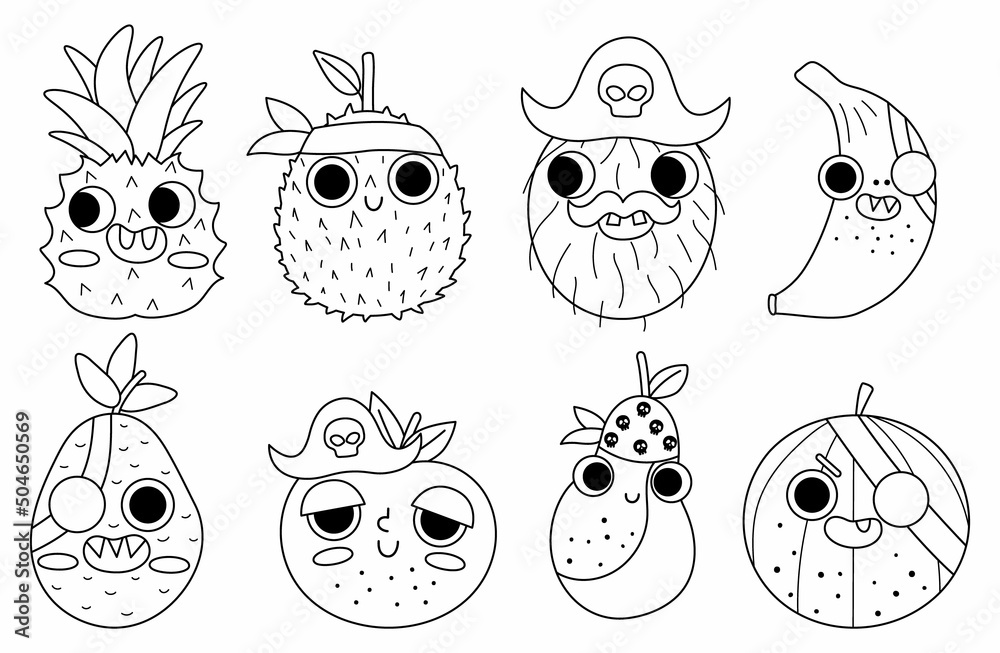 Black and white vector funny kawaii fruit icons set line pirate fruits coloring page ic plants with eyes eye patch mouth healthy summer food collection with banana apple pineapple vector