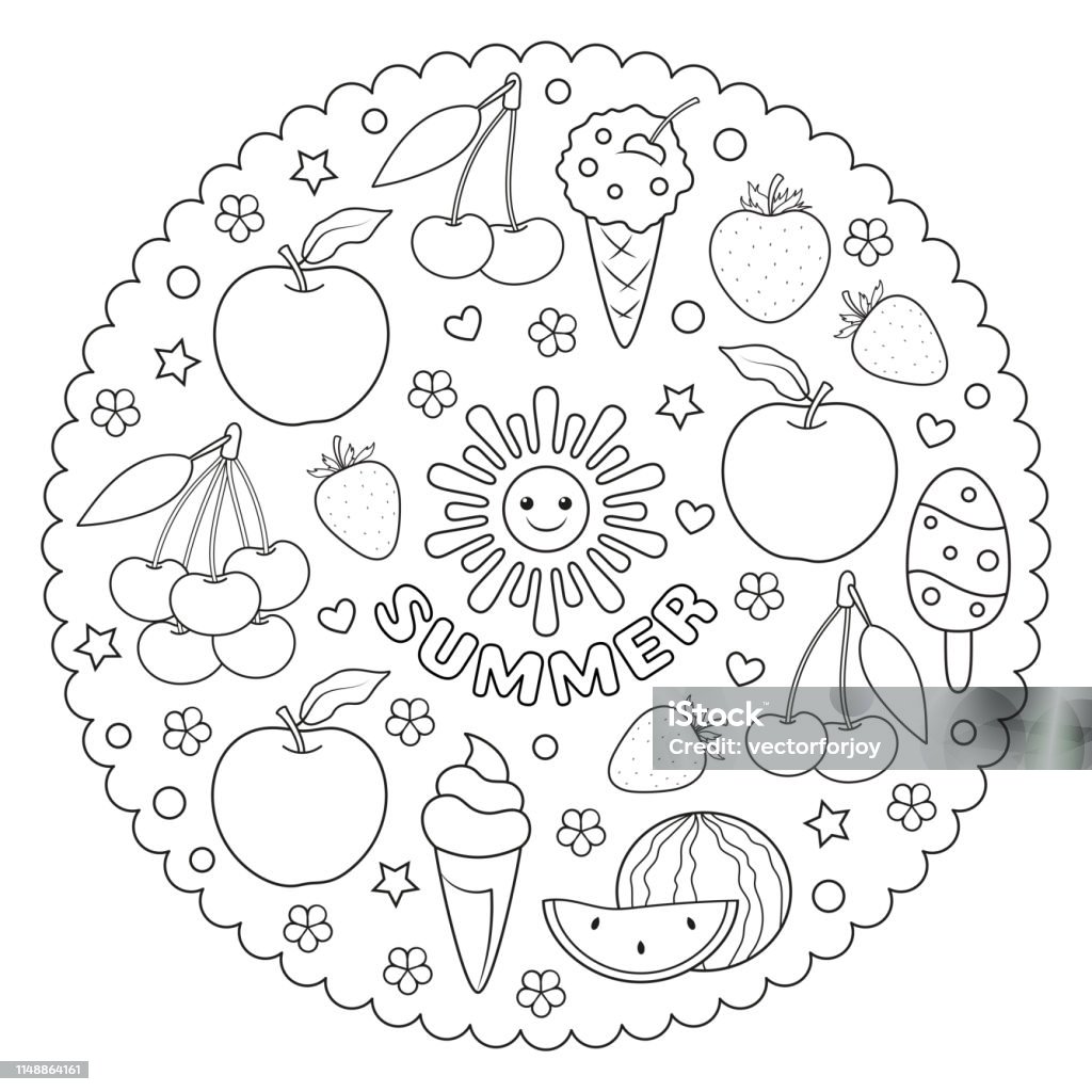 Coloring page mandala for kids with summer fruit berries and ice cream vector illustration stock illustration