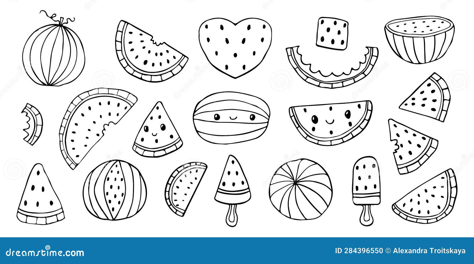 Vector watermelon doodle set isolated collection on white background outline fruit coloring page juicy summer berry slices stock vector