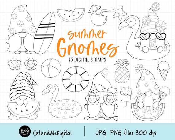 Summer gnome digital stamp beach gnomes clipart summer line art beach gnome gnome outline summer digital stamp coloring page clipart