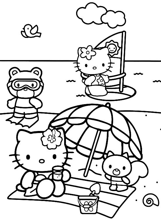 Hello kitty and her friends at the beach coloring page