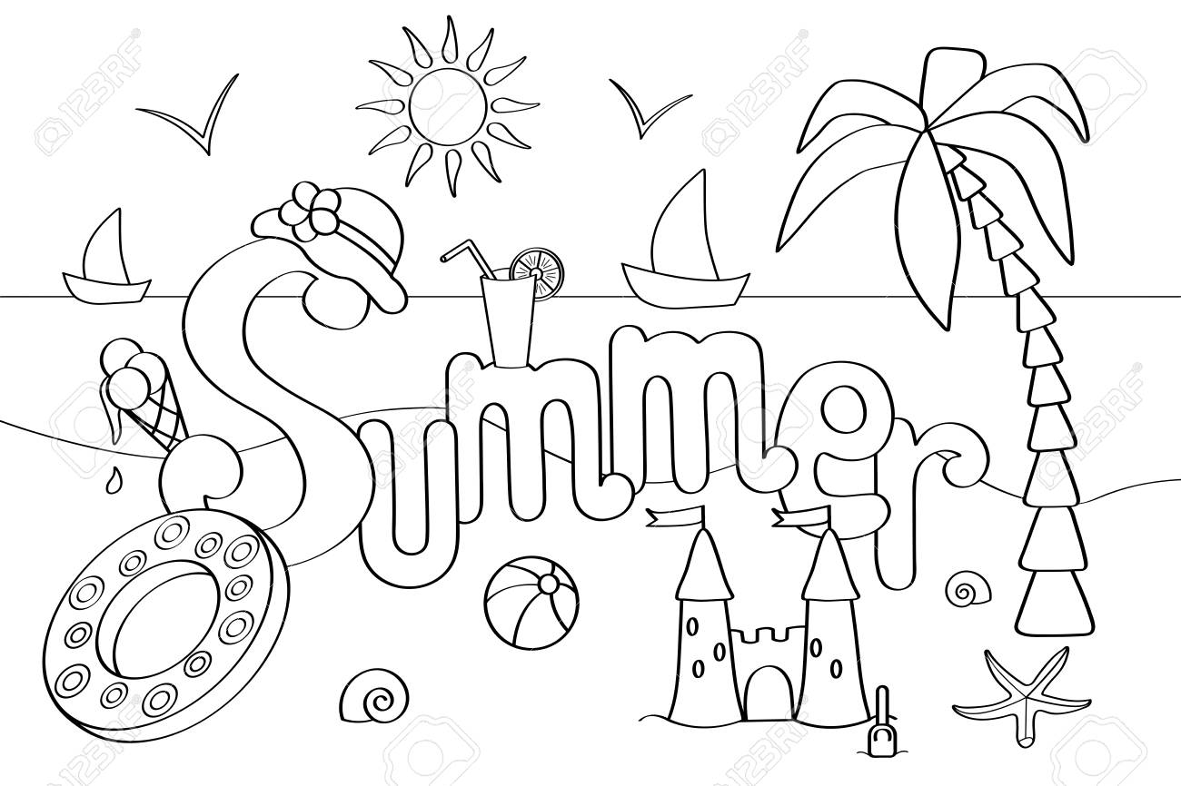 Vector coloring page on the theme of summer holidays at sea for children and adults palm sea ice cream ball and more royalty free svg cliparts vectors and stock illustration image