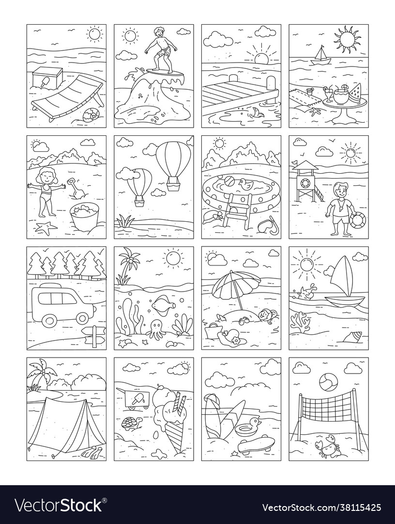 Summer holidays linear colouring pages royalty free vector