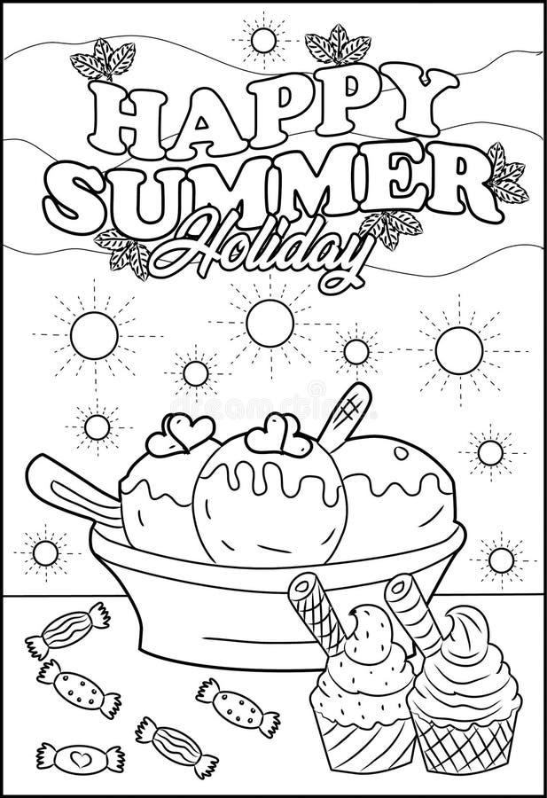 Melted ice cream happy summer holiday coloring page stock illustration