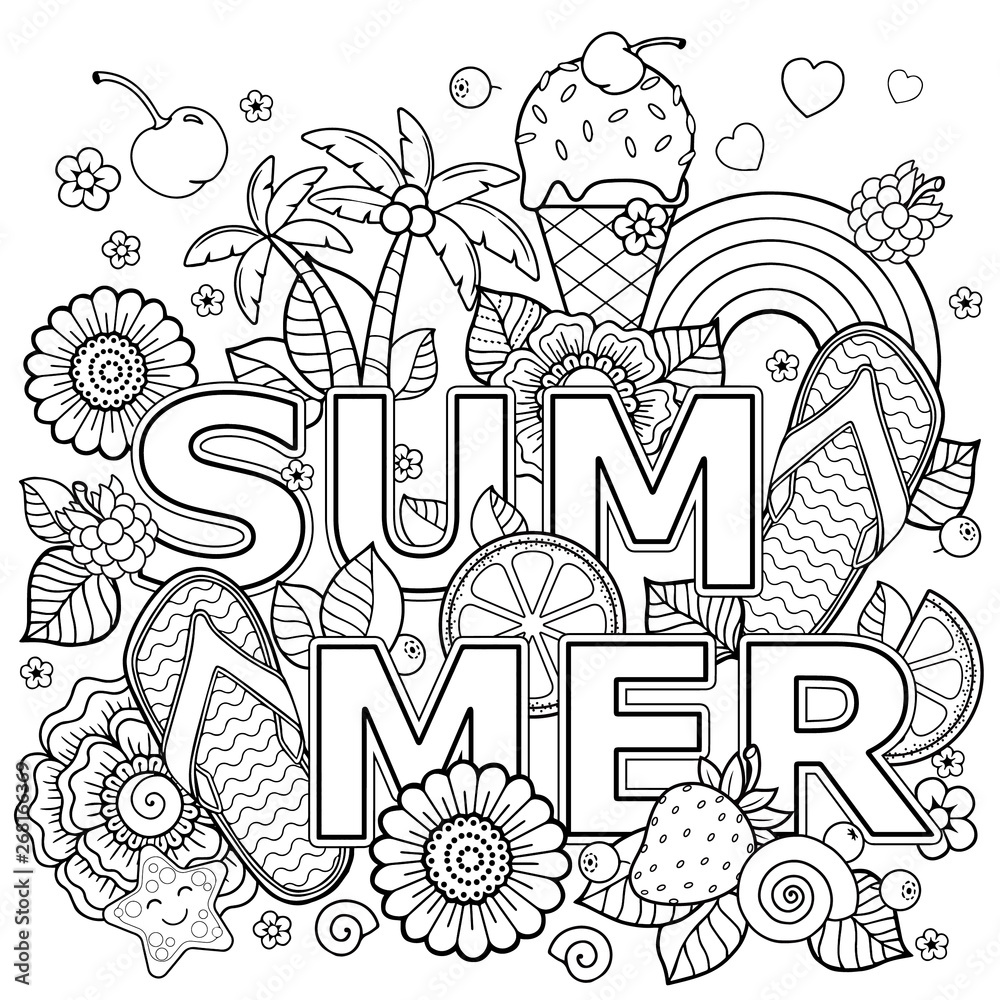 Hand drawn coloring book for adult summer holidays party and rest illustration