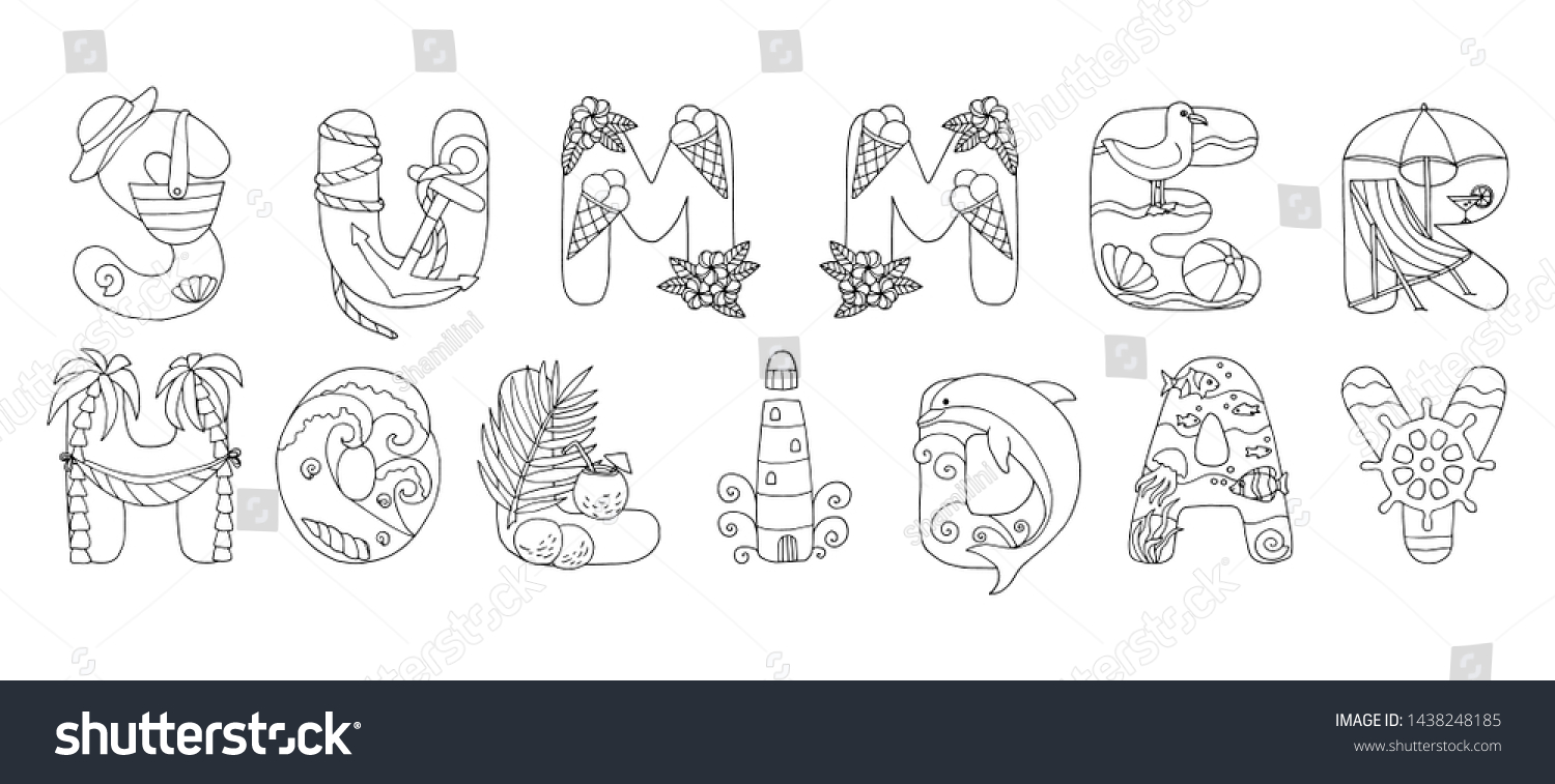 Doodle coloring page words summer holiday stock vector royalty free