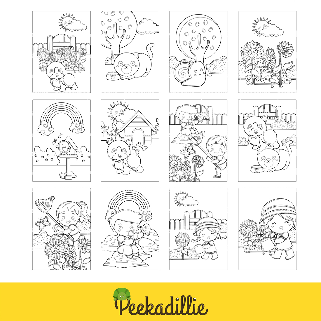 Kids boy and girl playing in the garden with animals on summer holiday coloring set