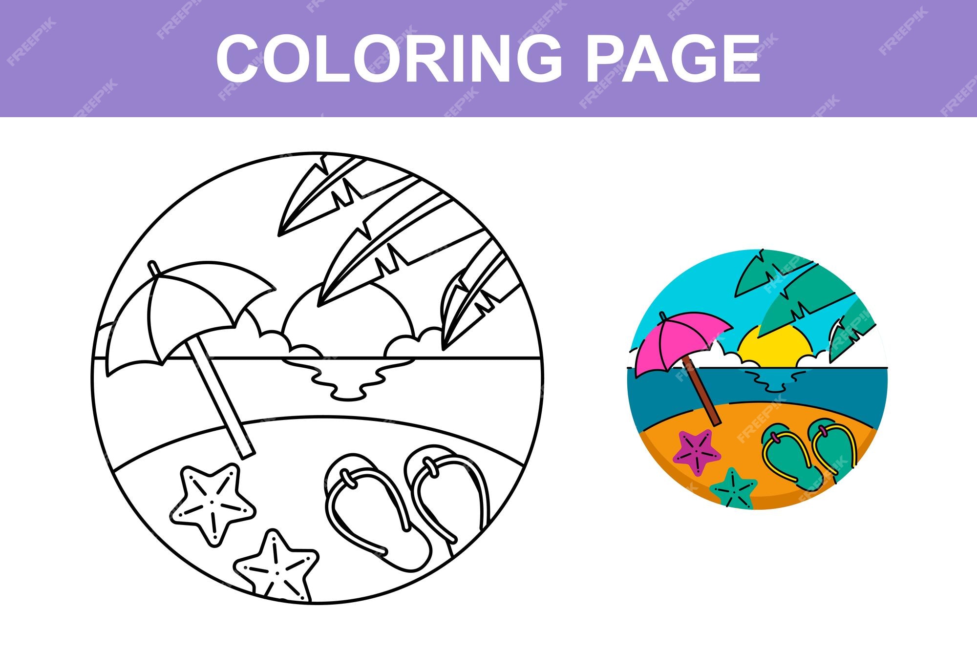 Premium vector happy summer beach holiday coloring page for kids activity