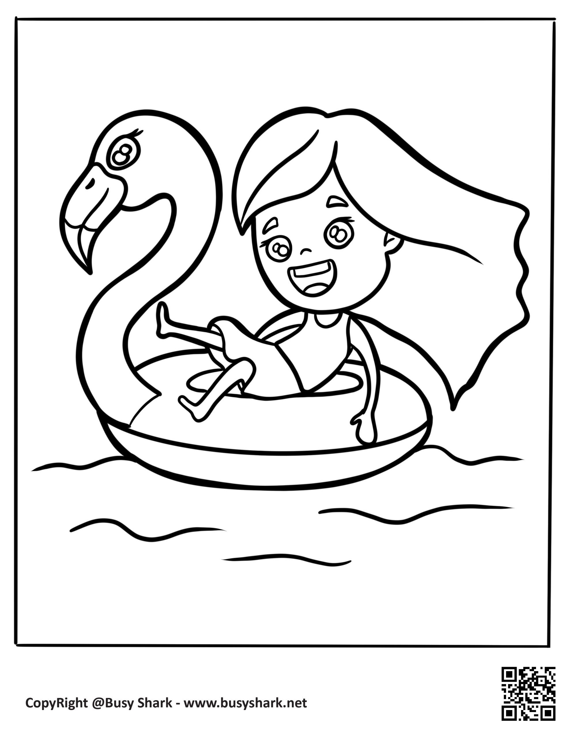 Girl on flamingo float free summer coloring page