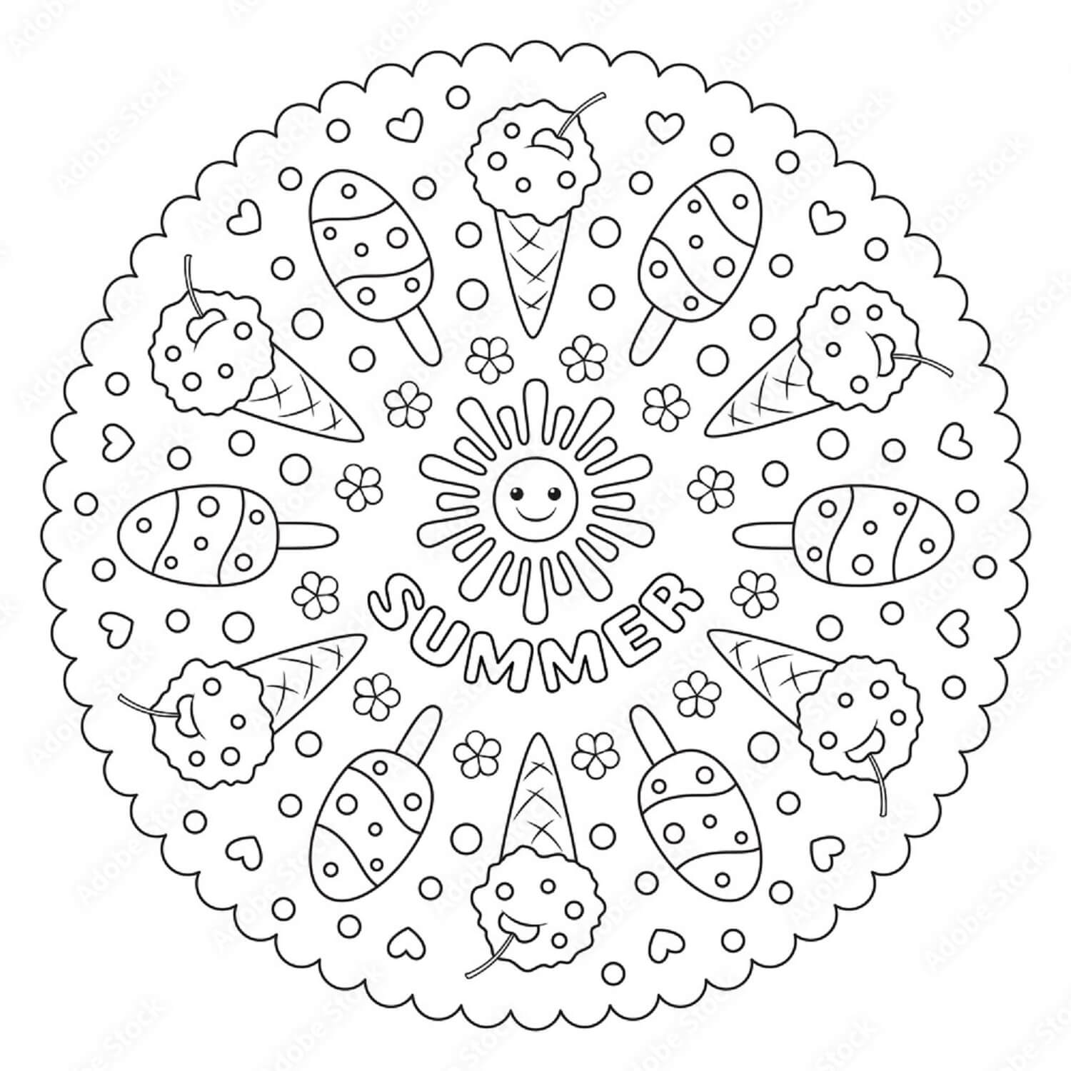 Ice cream in summer mandala coloring page