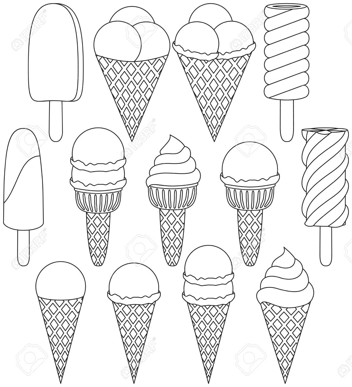 Black and white ice cream cone icon set elements coloring book page for adults and kids summer fast food vector illustration for gift card flyer certificate or banner icon logo patch