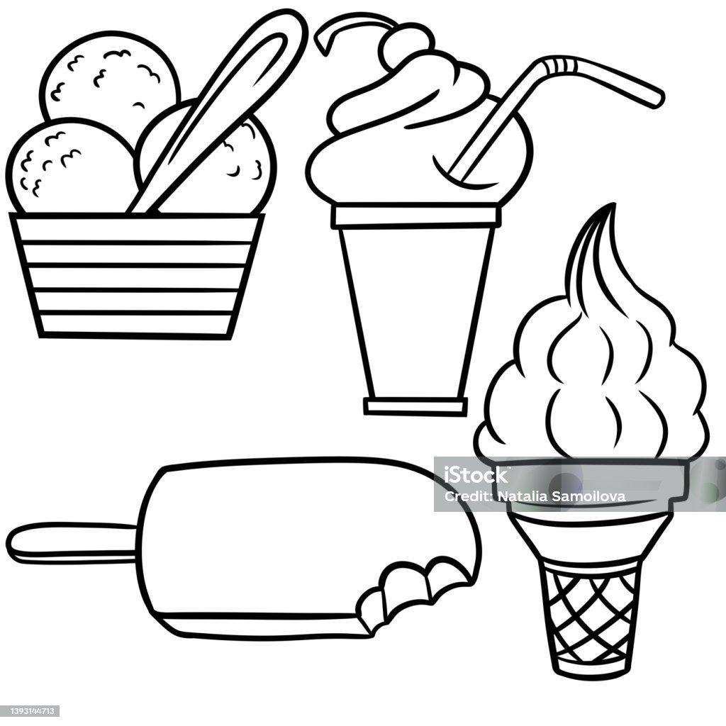 Monochrome illustration coloring book set of beautiful summer ice cream cold sweet snack cartoonstyle stock illustration