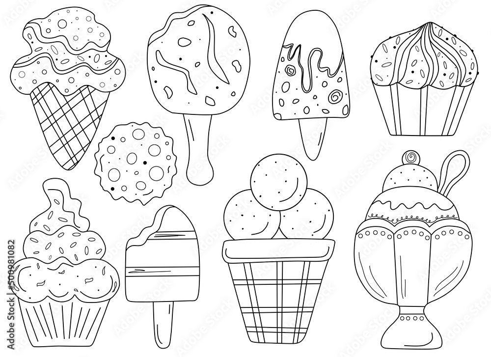 Cartoon ice cream illustraionhand draw sketch for adult anti stress coloring book page with doodle summer sweet cute little summer ice cream illustration