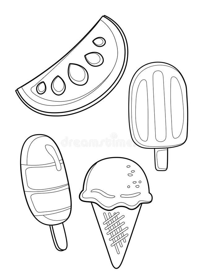 Cute summer fruits and ice cream coloring pages a for kids and adult stock illustration