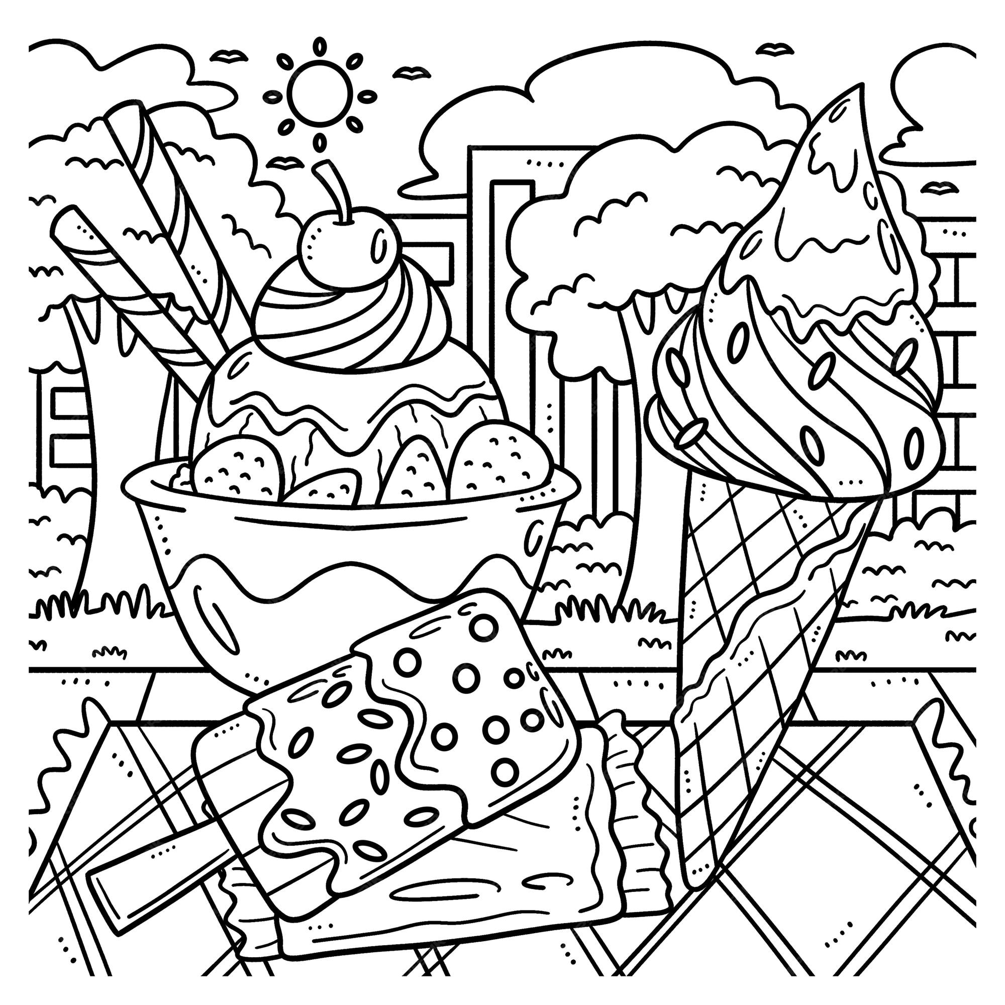 Premium vector summer ice cream coloring page for kids