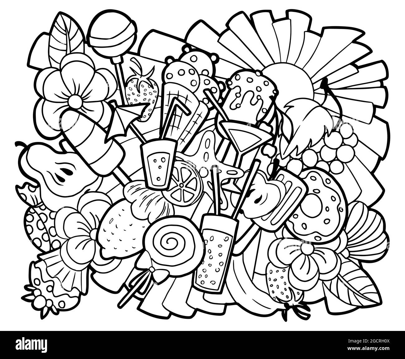 Summer vibes coloring page sun ice cream and fruits doodles stock vector image art