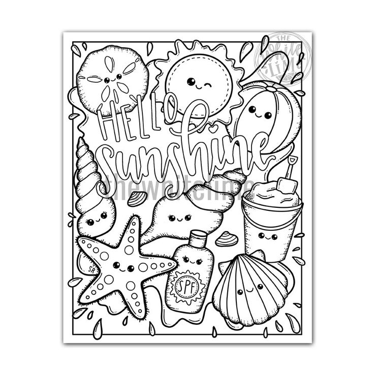 Cooring page for kids printable kawaii coloring page beach coloring page hello sunshine kawaii art print coloring page for adults