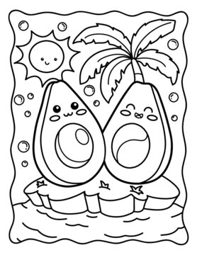 Kawaii coloring page cute avocados on the island rainbow coloring book with avocadoblack white illustration vector