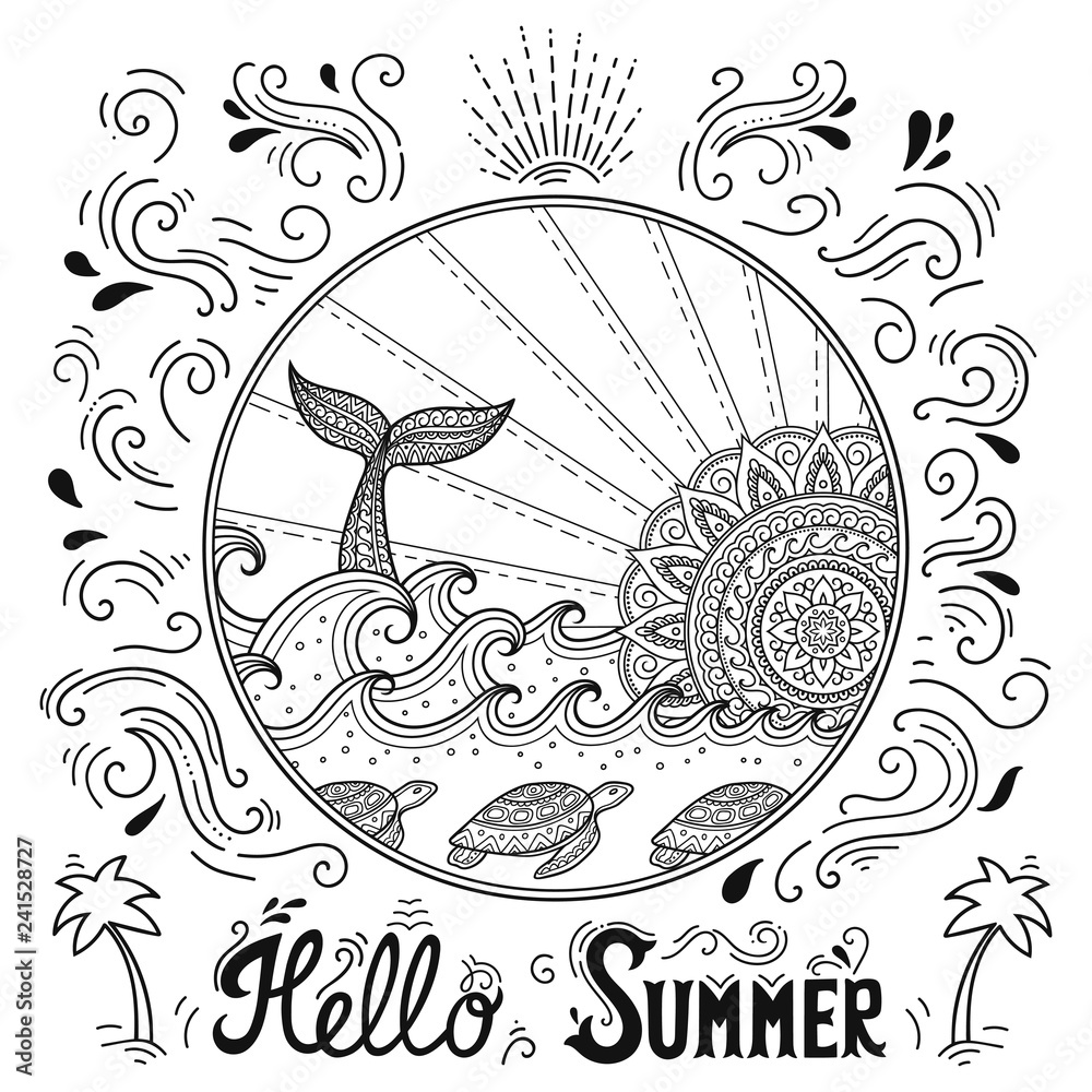 Whale diving into sea against the sunset ocean landscape with waves mandala in form of sun fish tail lettering hello summer coloring book page for children and adults vector