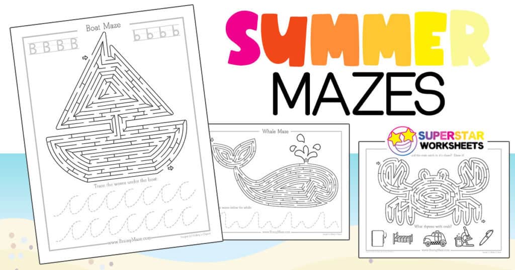 Summer mazes worksheets