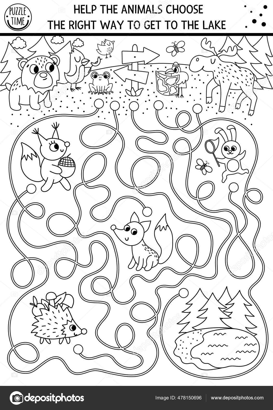 Black white summer camp maze children active holidays outline preschool stock vector by lexiclaus