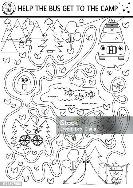 Black and white summer camp maze for children active holidays preschool outline printable activity family road