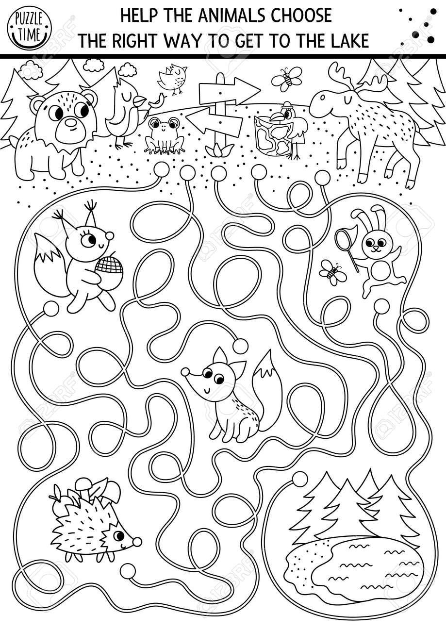 Black and white summer camp maze for children active holidays outline preschool printable activity family nature trip labyrinth or coloring page with cute woodland animals going to the lake royalty free svg