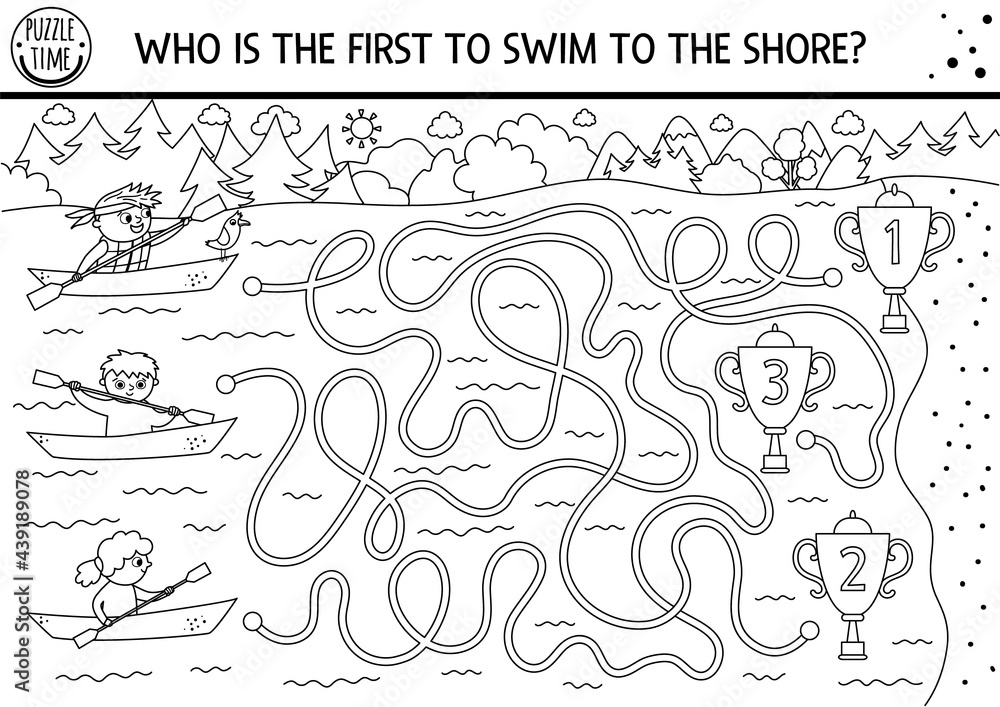 Black and white summer camp maze for children active holidays outline preschool printable activity nature trip or petition labyrinth coloring page with cute swimming or kayaking kids vector