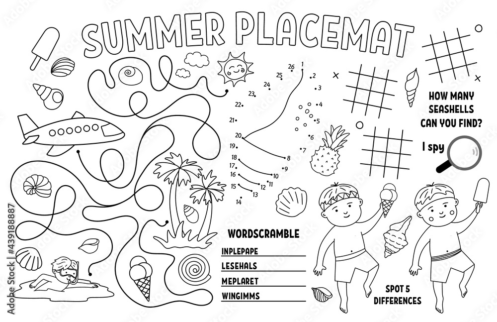 Vector summer placemat for kids beach holidays printable activity mat with difference searching dot