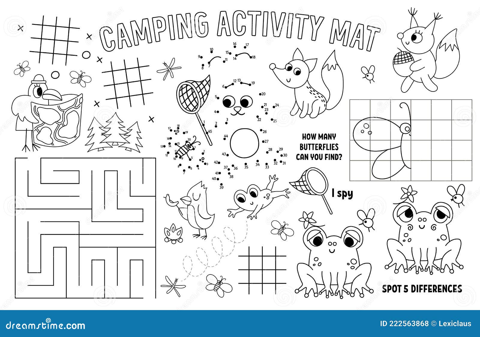 Vector camping placemat for kids summer camp holidays printable activity mat with maze tic tac toe charts connect the dots stock vector