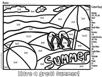 Free end of year color by number summer theme