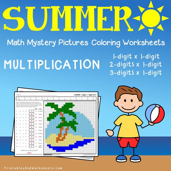 Summer multiplication mystery pictures coloring worksheets