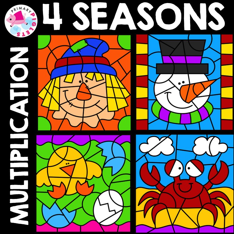 Color by number multiplication facts color by code coloring pages fall winter spring summer made by teachers