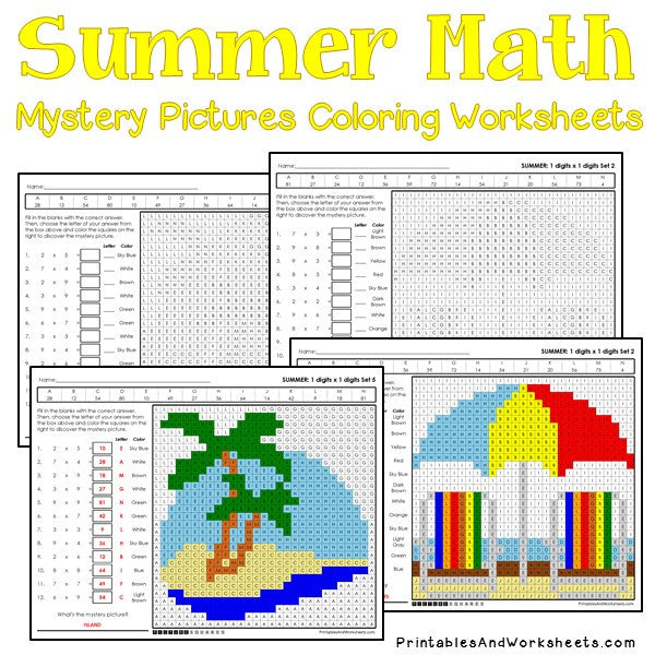 Summer multiplication mystery pictures coloring worksheets