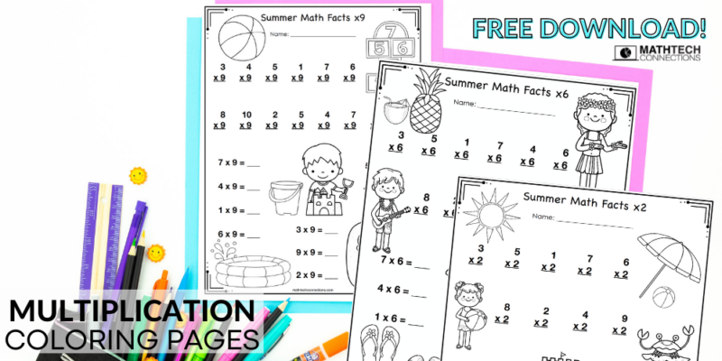 Summer multiplication facts coloring pages