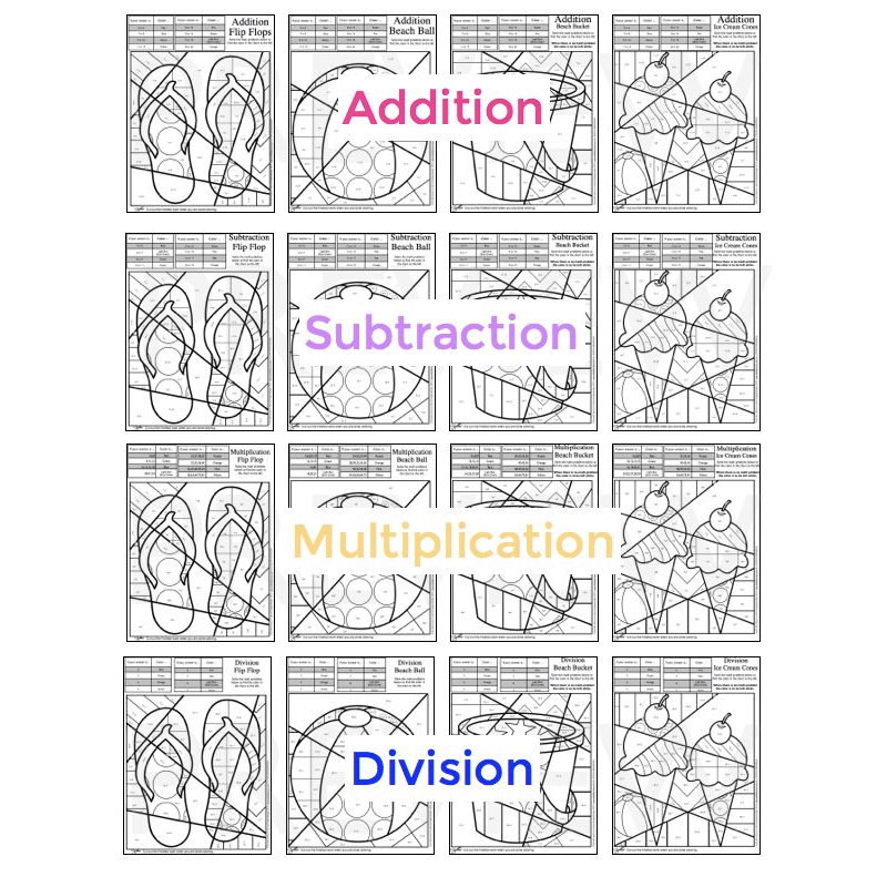 Summer math fact coloring pages