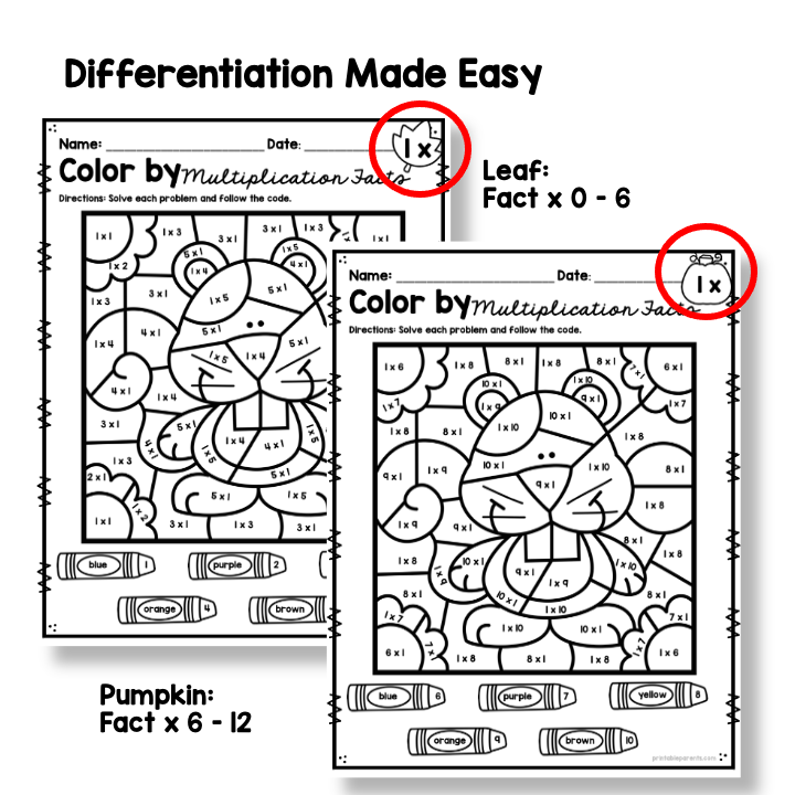 Color by multiplication facts for fall â printable parents