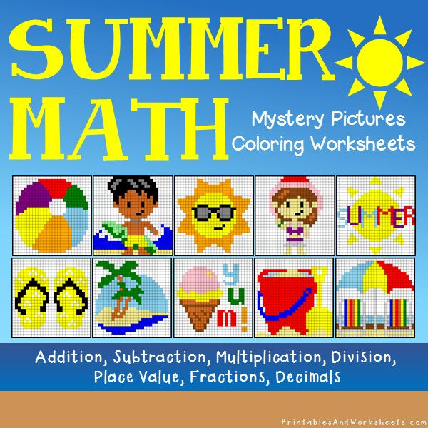 Summer math mystery pictures coloring worksheets bundle