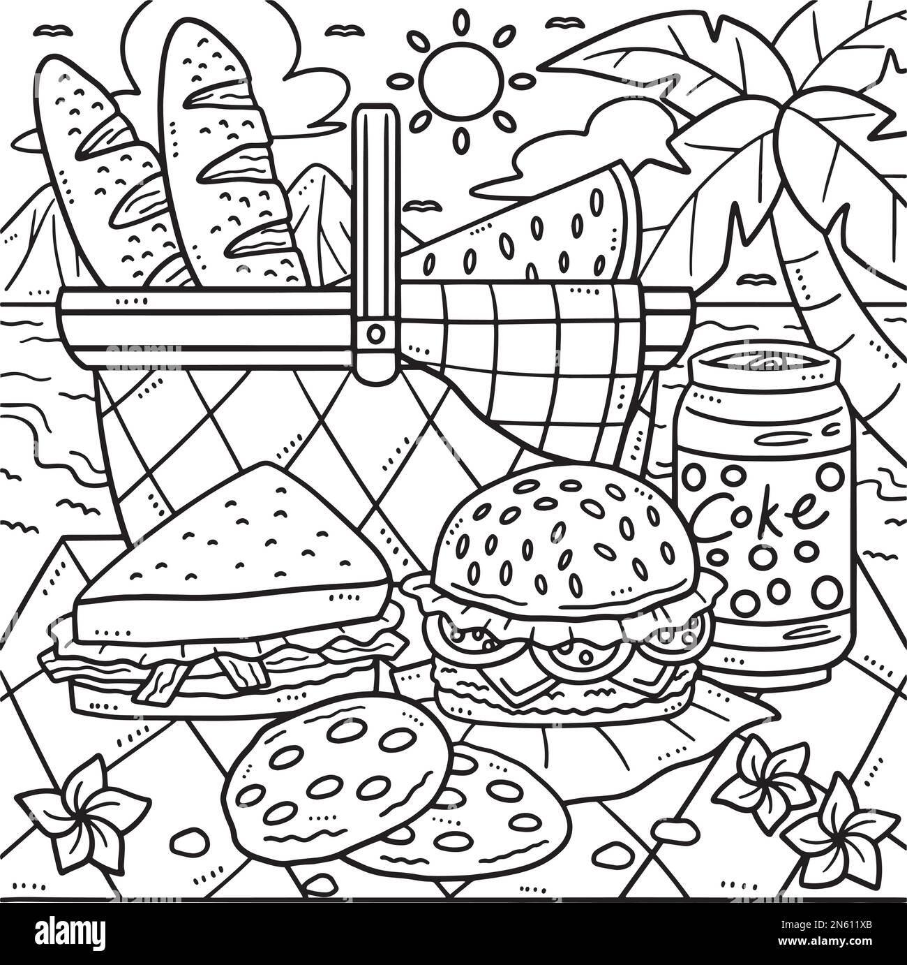 Summer picnic food by the shore coloring page stock vector image art
