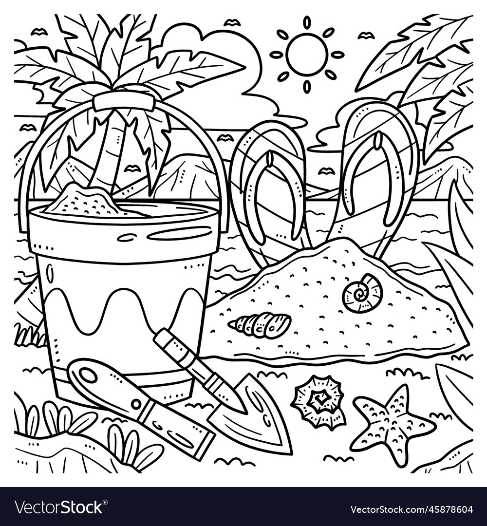 Summer sand castle tools coloring page for kids vector image
