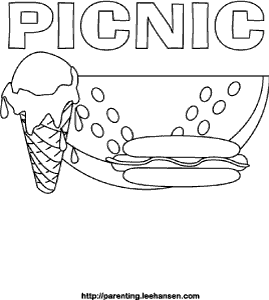 Picnic coloring page watermelon ice cream and hot dog printable poster to color in
