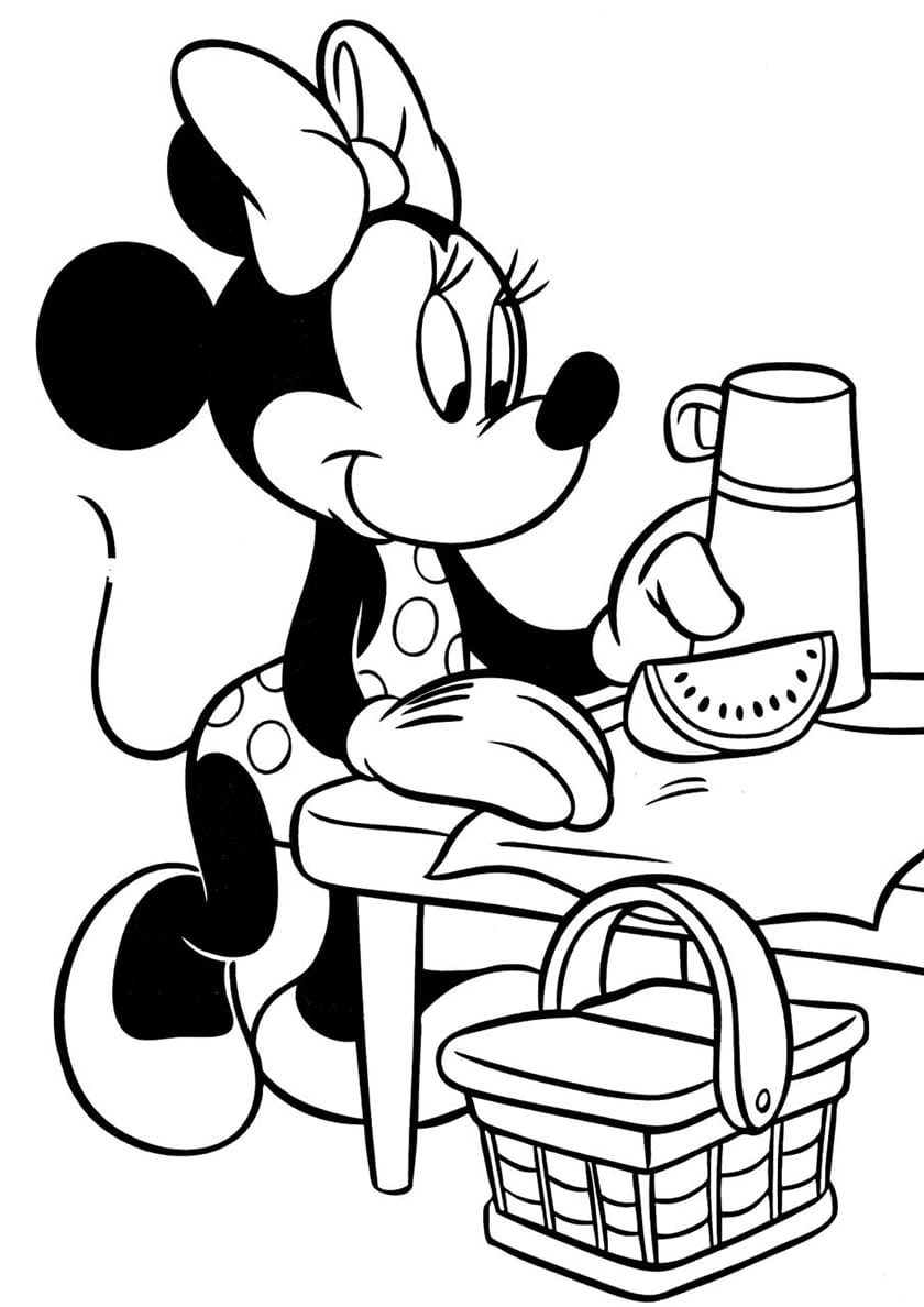 Minnie mouse at a summer picnic coloring page