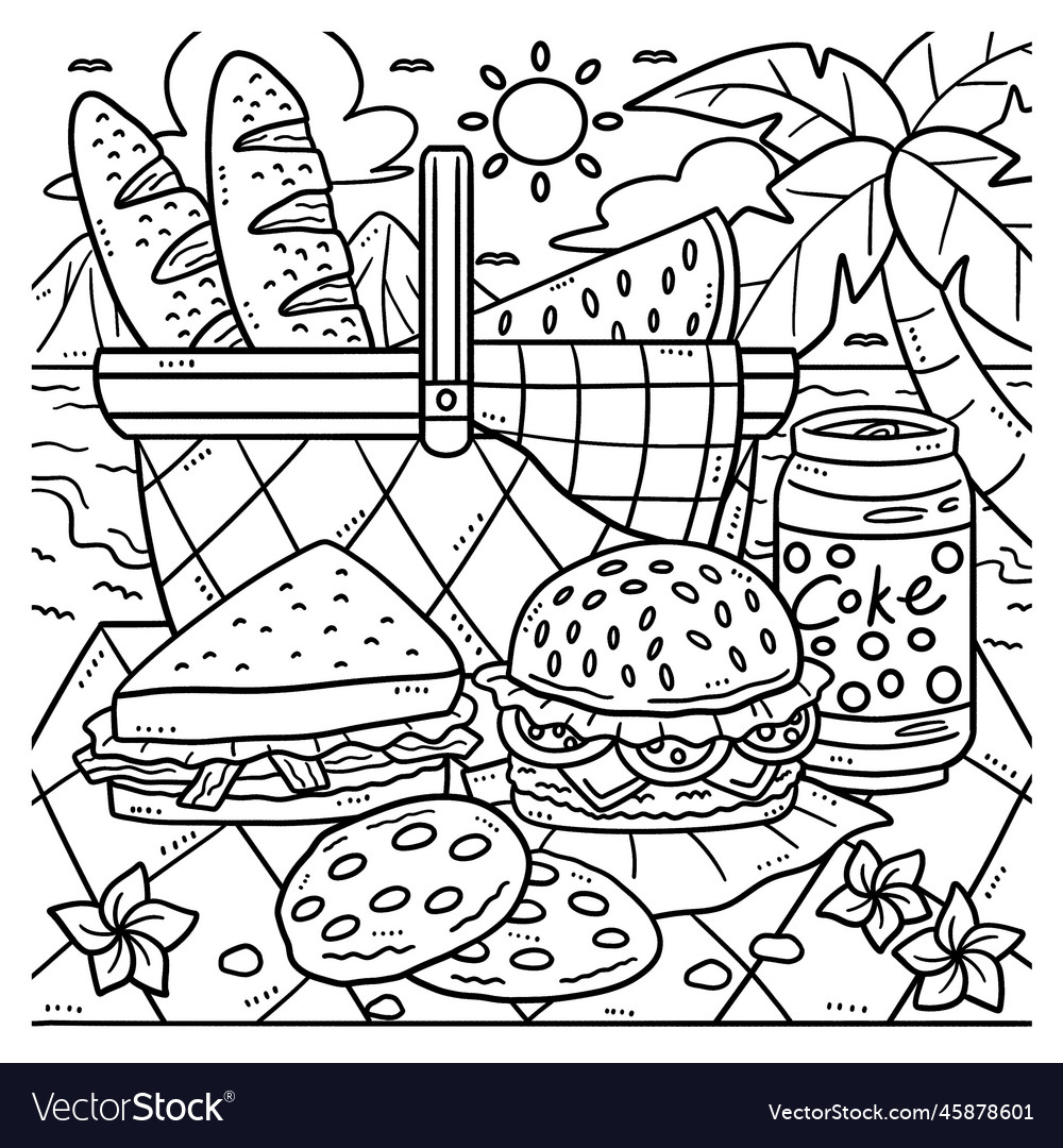 Summer picnic food by the shore coloring page vector image