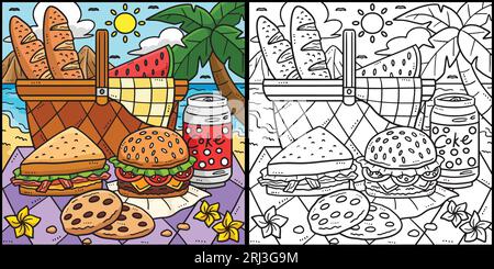 Summer picnic food by the shore coloring page stock vector image art