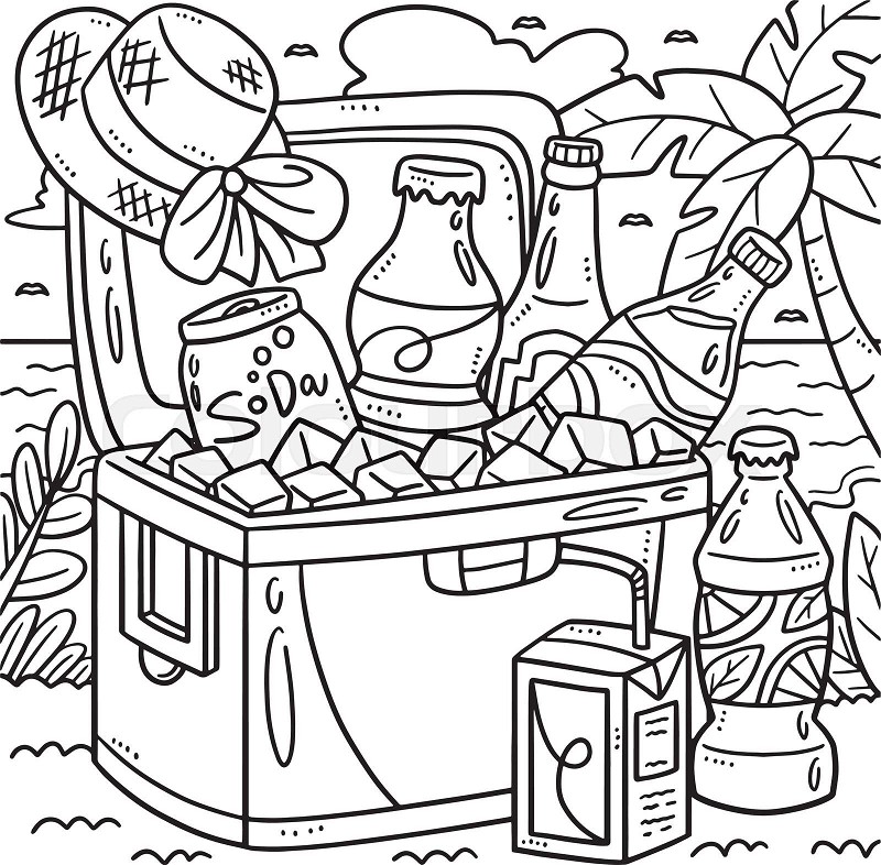 Summer beverages in ice cooler coloring page stock vector