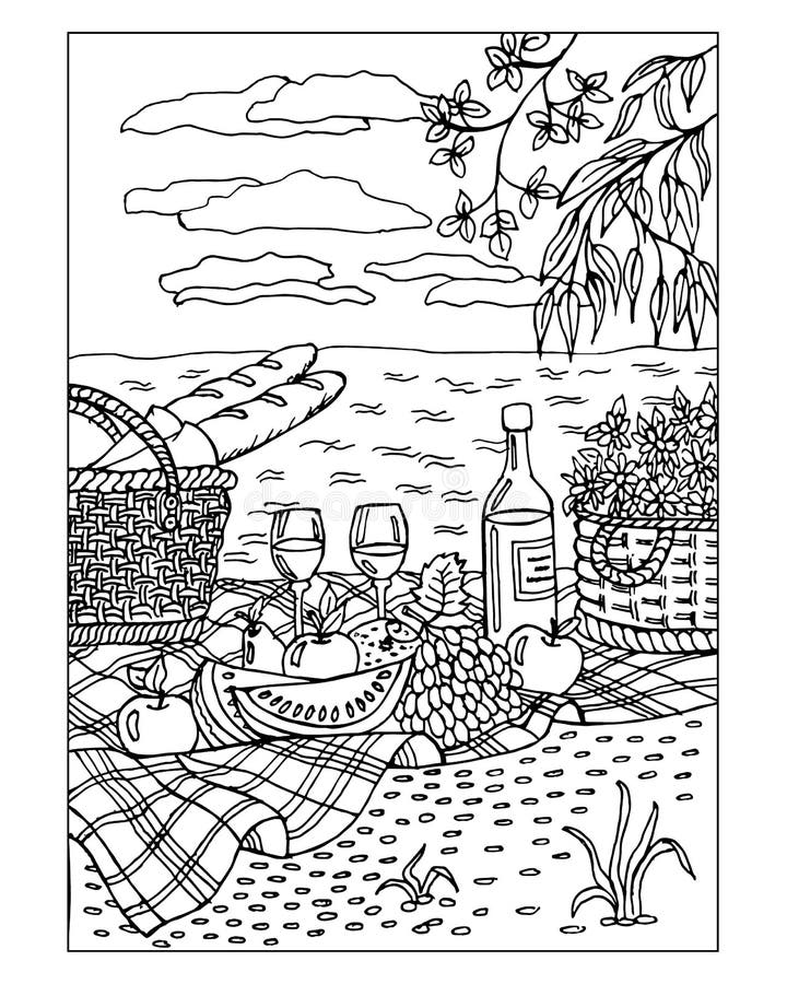 Sketch picnic in nature fruits wine glasses and baskets on a checkered tablecloth for anti stress coloring pages stock vector