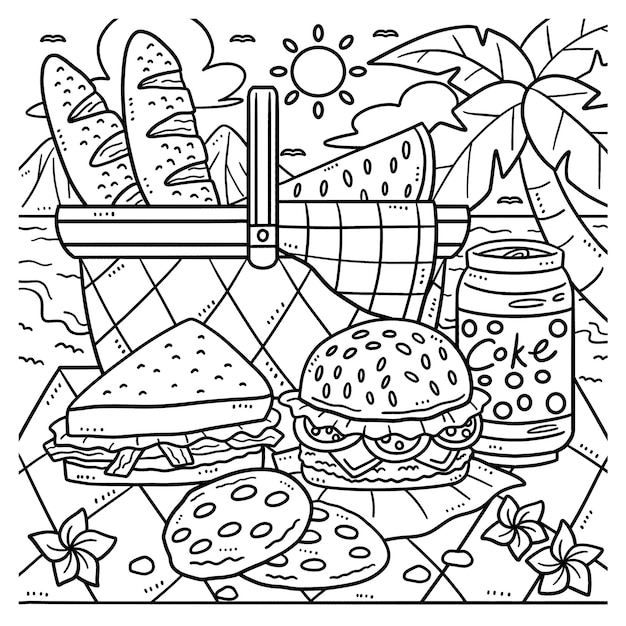 Premium vector summer picnic food by the shore coloring page