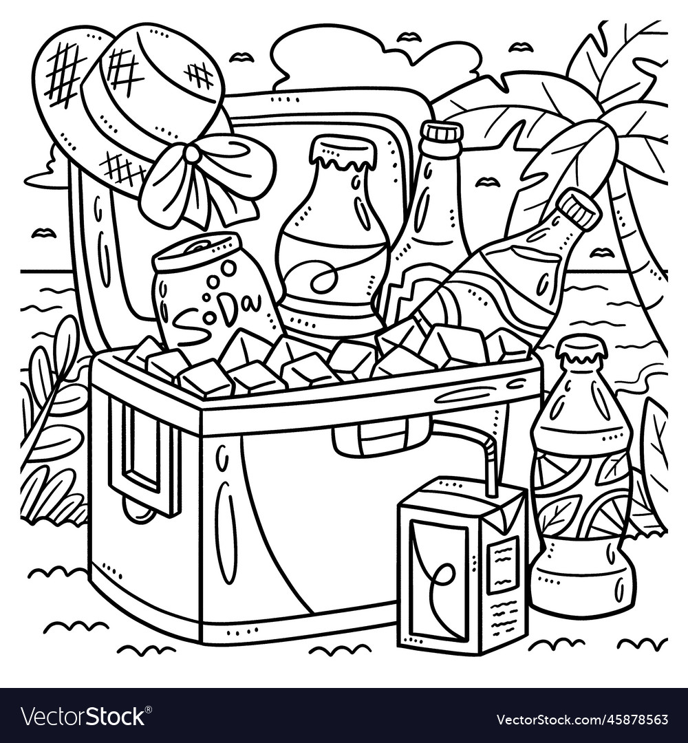 Summer beverages in ice cooler coloring page vector image